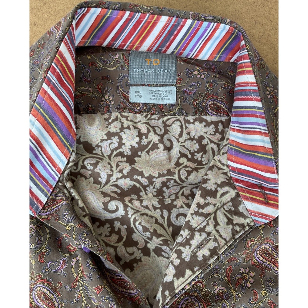 Thomas Dean Mens XXL Brown Paisley Button Down Shirt Cotton Striped Trim TD Logo
